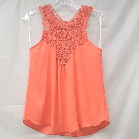 Coral Lace Tank Top Flowy Crew Neck Sleeveless Salmon Peach NEW Boho - Picture 1 of 10